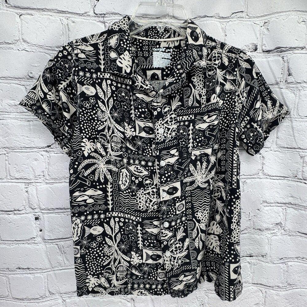 Cat & Jack Hawaiian Shirt Boys Large (10/12) Black 7 White Button Up